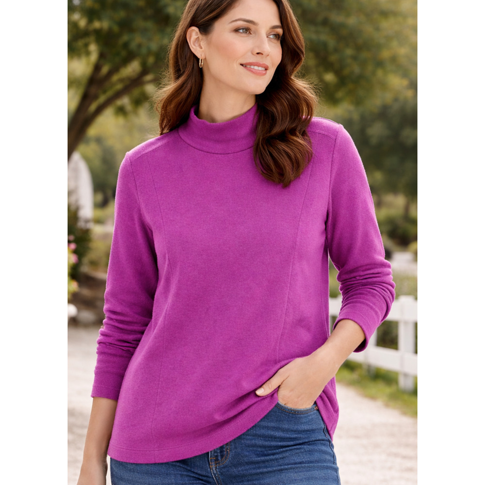 J Jill Large Magenta Mock Neck Sweatshirt Fleece Lined Organic Cotton Cozy Warm